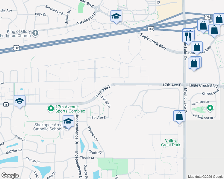 map of restaurants, bars, coffee shops, grocery stores, and more near 2989 Philipp Avenue in Shakopee