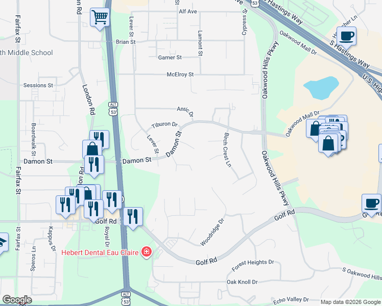 map of restaurants, bars, coffee shops, grocery stores, and more near 4015 Damon Court in Eau Claire