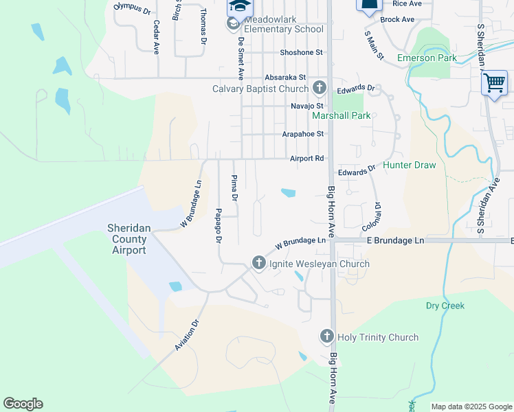 map of restaurants, bars, coffee shops, grocery stores, and more near 420 Airport Road in Sheridan