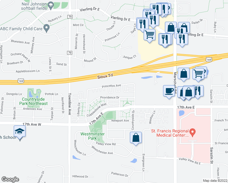 map of restaurants, bars, coffee shops, grocery stores, and more near 868 Princeton Avenue in Shakopee