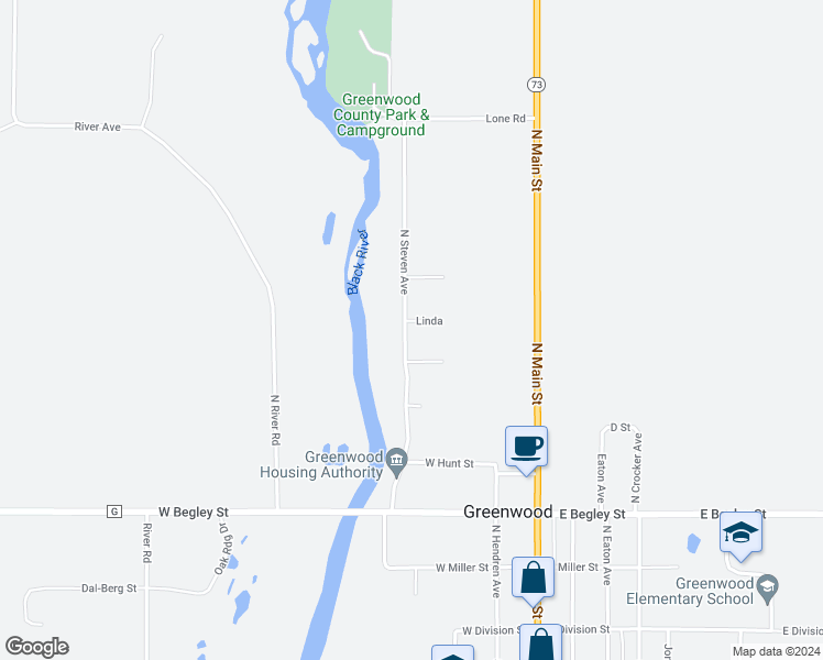 map of restaurants, bars, coffee shops, grocery stores, and more near 608 North Steven Avenue in Greenwood