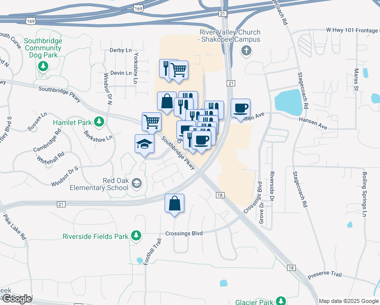 map of restaurants, bars, coffee shops, grocery stores, and more near 8030 Old Carriage Court in Shakopee