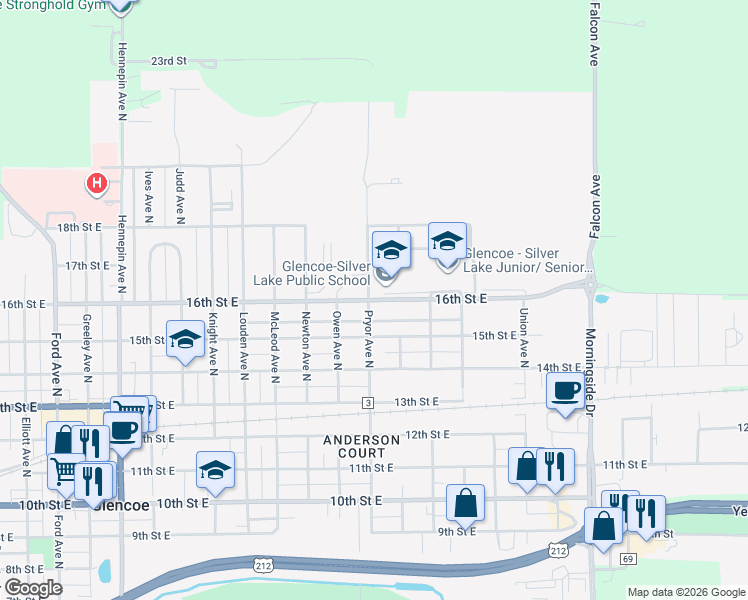 map of restaurants, bars, coffee shops, grocery stores, and more near 1621 16th Street East in Glencoe