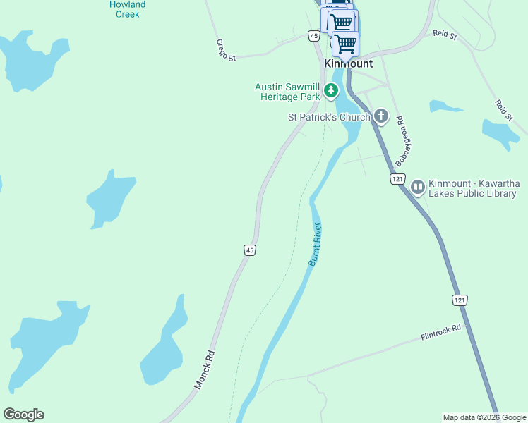 map of restaurants, bars, coffee shops, grocery stores, and more near 4900 Monck Road in Kawartha Lakes