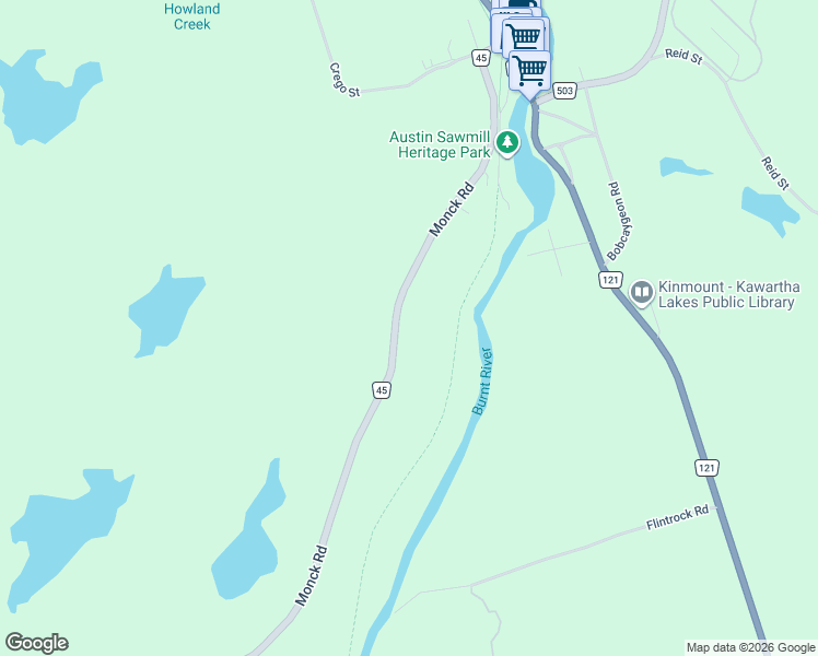 map of restaurants, bars, coffee shops, grocery stores, and more near 4900 Monck Road in Kawartha Lakes