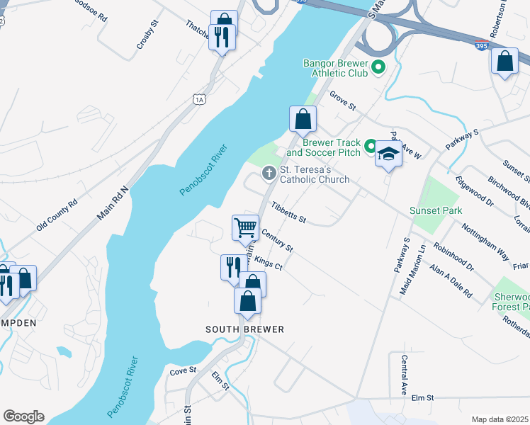 map of restaurants, bars, coffee shops, grocery stores, and more near 457 South Main Street in Brewer