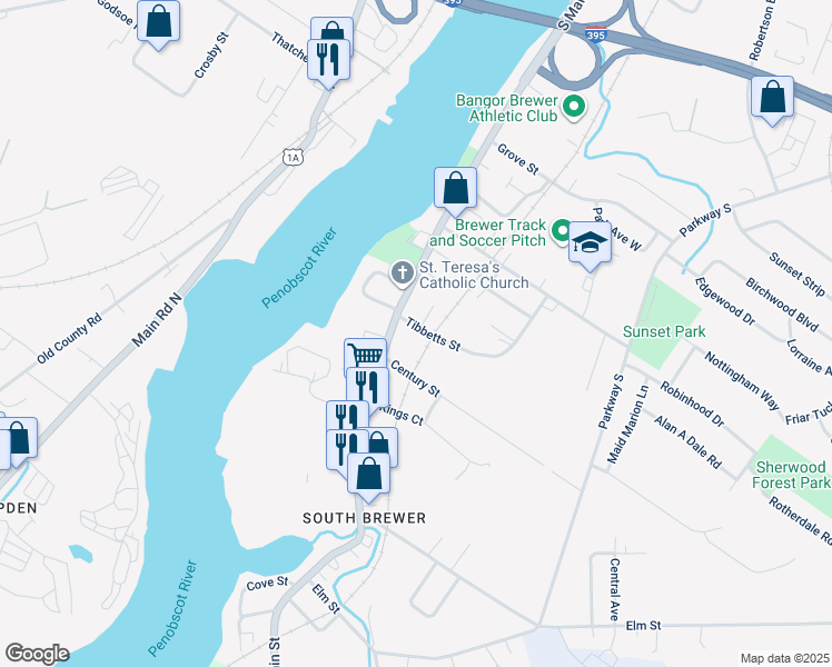 map of restaurants, bars, coffee shops, grocery stores, and more near 15 Tibbetts Street in Brewer