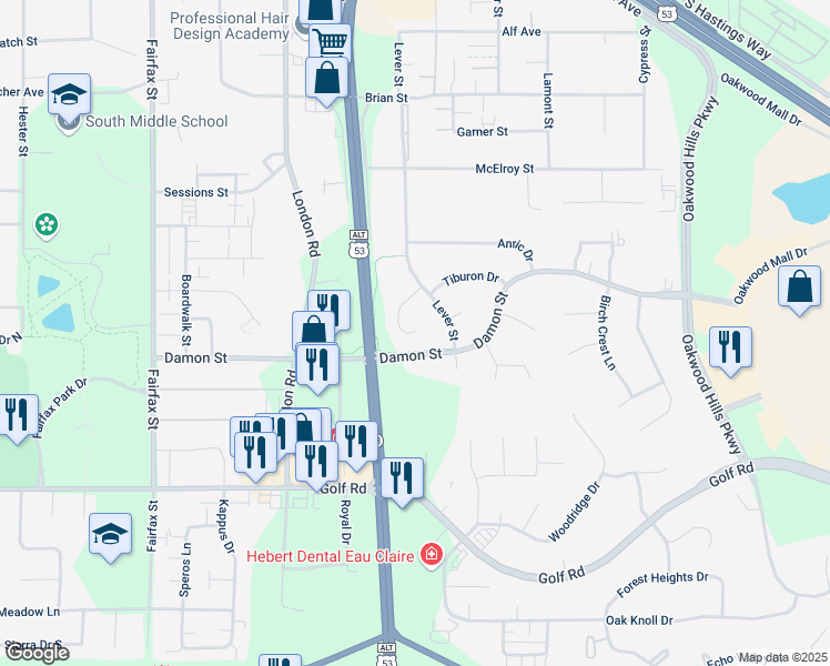 map of restaurants, bars, coffee shops, grocery stores, and more near 3922 Harvard Lane in Eau Claire