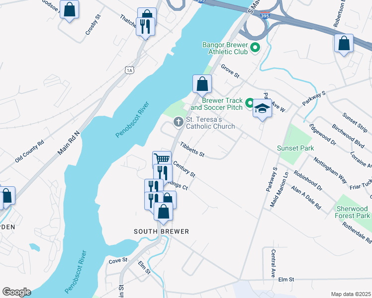 map of restaurants, bars, coffee shops, grocery stores, and more near 15 Tibbetts Street in Brewer