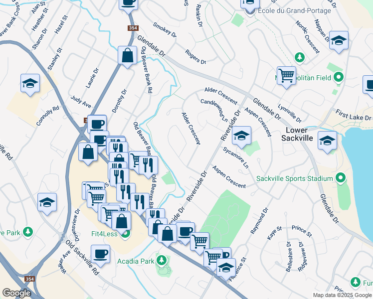 map of restaurants, bars, coffee shops, grocery stores, and more near 12 Alder Crescent in Lower Sackville