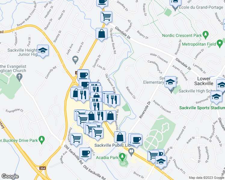 map of restaurants, bars, coffee shops, grocery stores, and more near 124 Old Beaver Bank Road in Lower Sackville