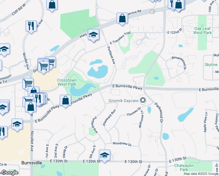 map of restaurants, bars, coffee shops, grocery stores, and more near 607 East Portland Drive in Burnsville