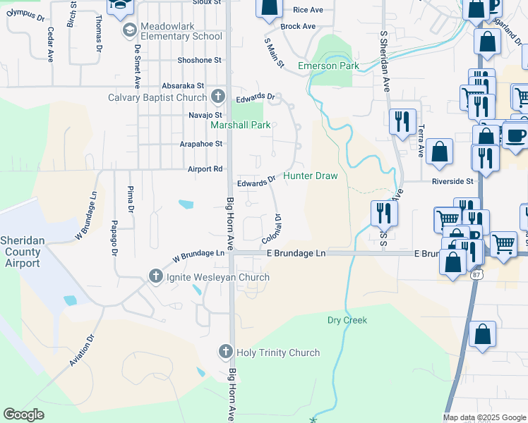map of restaurants, bars, coffee shops, grocery stores, and more near 2018 Skyview West Drive in Sheridan