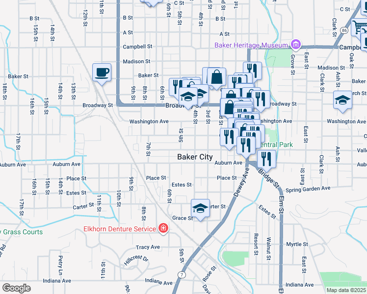 map of restaurants, bars, coffee shops, grocery stores, and more near 2355 Valley Avenue in Baker City