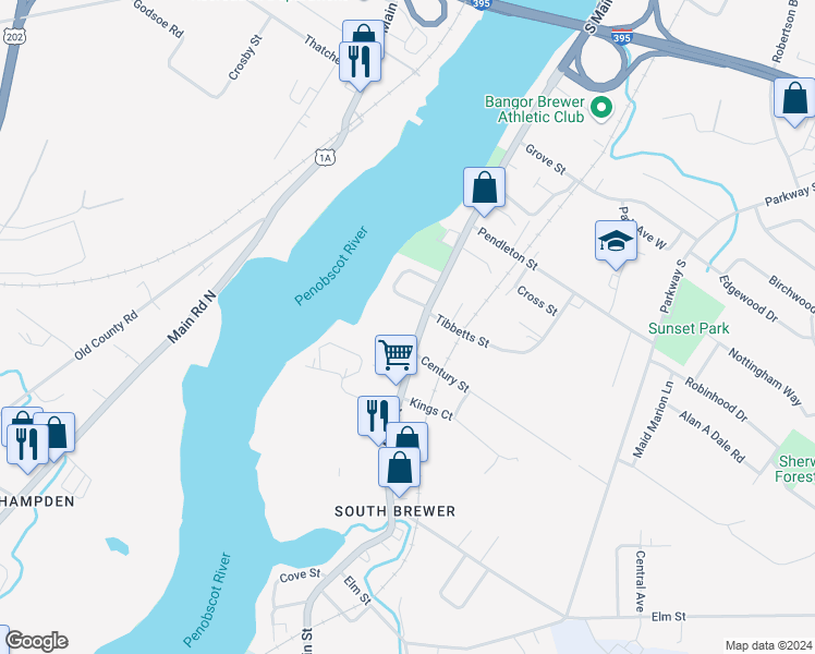 map of restaurants, bars, coffee shops, grocery stores, and more near 457 South Main Street in Brewer
