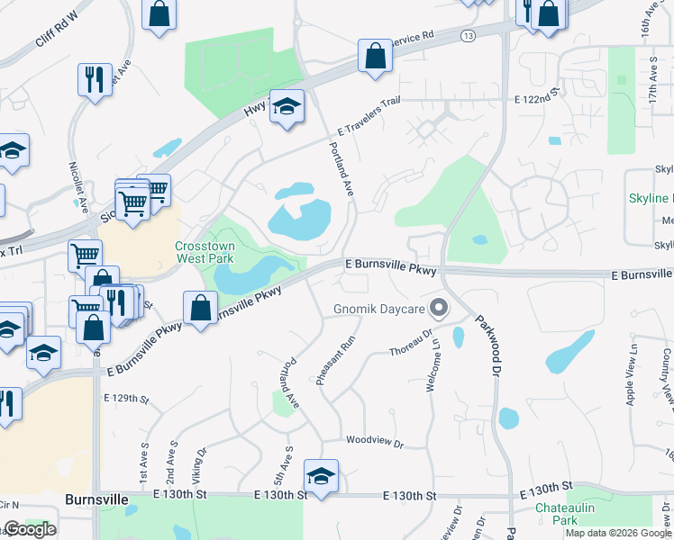 map of restaurants, bars, coffee shops, grocery stores, and more near 607 East Portland Drive in Burnsville
