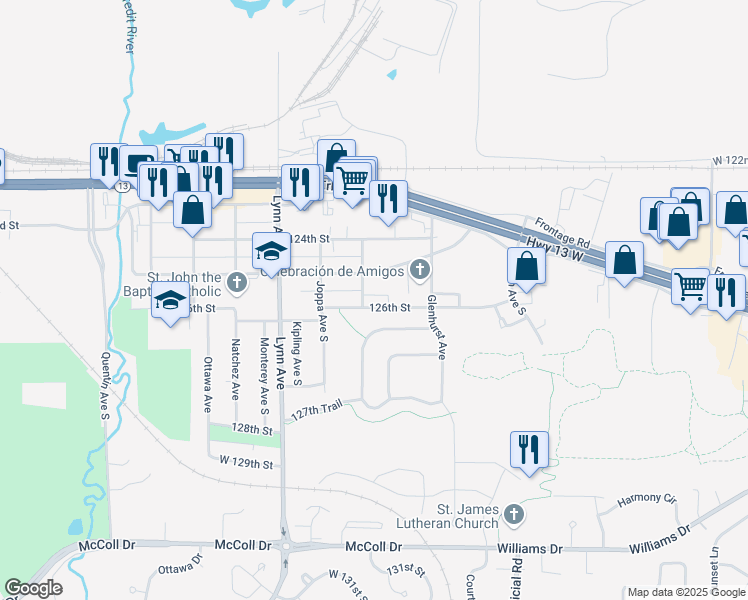map of restaurants, bars, coffee shops, grocery stores, and more near 4132 126th Terrace in Savage