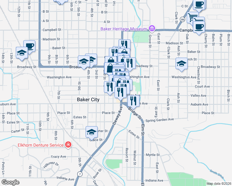 map of restaurants, bars, coffee shops, grocery stores, and more near 1976 Valley Avenue in Baker City