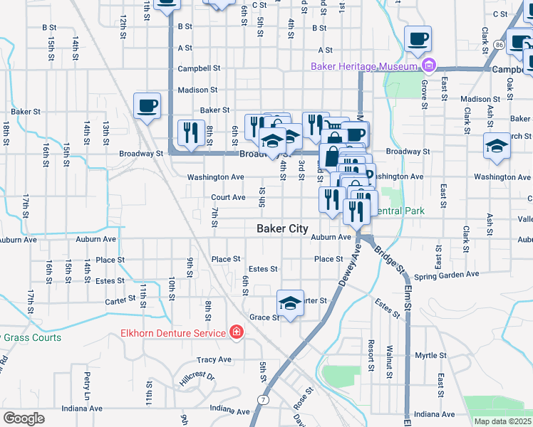 map of restaurants, bars, coffee shops, grocery stores, and more near 2355 Valley Avenue in Baker City