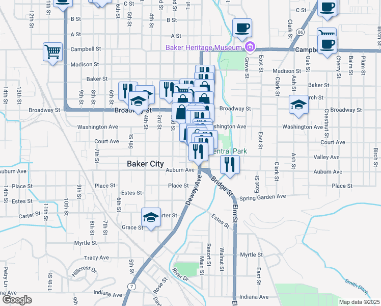 map of restaurants, bars, coffee shops, grocery stores, and more near 2005 Valley Avenue in Baker City