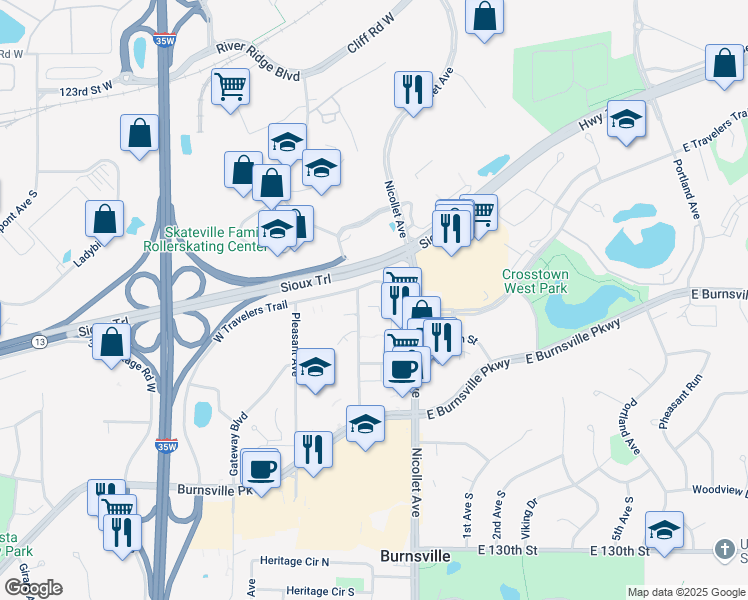 map of restaurants, bars, coffee shops, grocery stores, and more near 7 West Travelers Trail in Burnsville