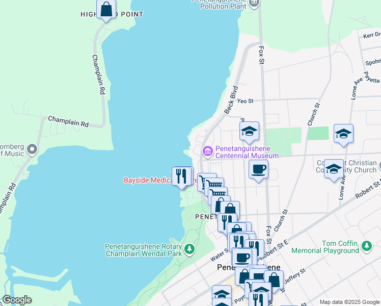 map of restaurants, bars, coffee shops, grocery stores, and more near 2 Beck Boulevard in Penetanguishene