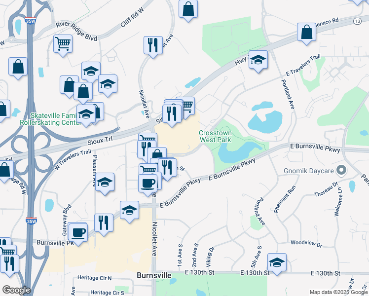 map of restaurants, bars, coffee shops, grocery stores, and more near 133 East Travelers Trail in Burnsville