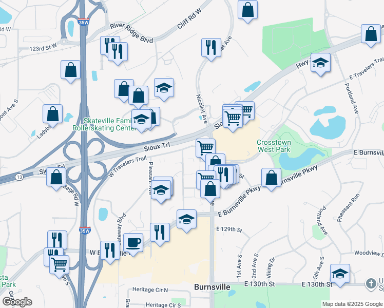 map of restaurants, bars, coffee shops, grocery stores, and more near 7 West Travelers Trail in Burnsville