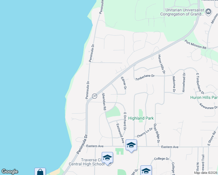 map of restaurants, bars, coffee shops, grocery stores, and more near 918 Sheridan Road in Traverse City