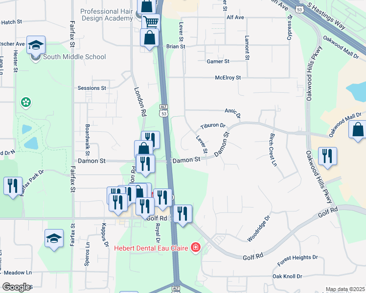 map of restaurants, bars, coffee shops, grocery stores, and more near 3922 Harvard Lane in Eau Claire