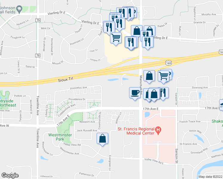 map of restaurants, bars, coffee shops, grocery stores, and more near 1624 Weston Court in Shakopee