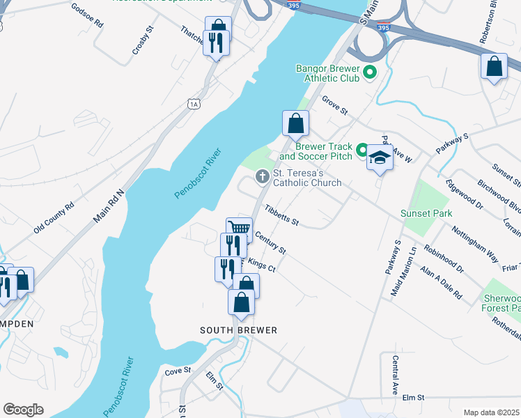 map of restaurants, bars, coffee shops, grocery stores, and more near 15 Tibbetts Street in Brewer