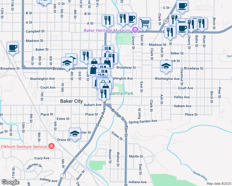 map of restaurants, bars, coffee shops, grocery stores, and more near 1773 Valley Avenue in Baker City