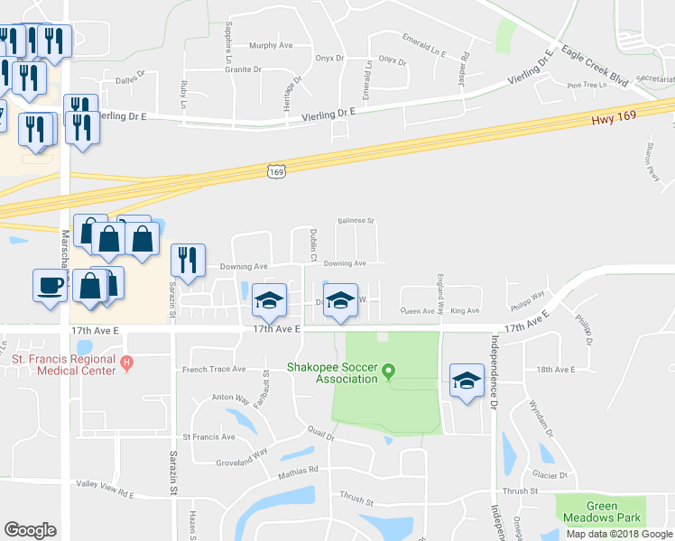map of restaurants, bars, coffee shops, grocery stores, and more near 2290 Downing Avenue in Shakopee
