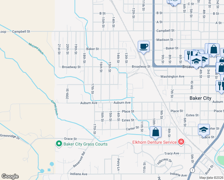 map of restaurants, bars, coffee shops, grocery stores, and more near 1779 15th Street in Baker City