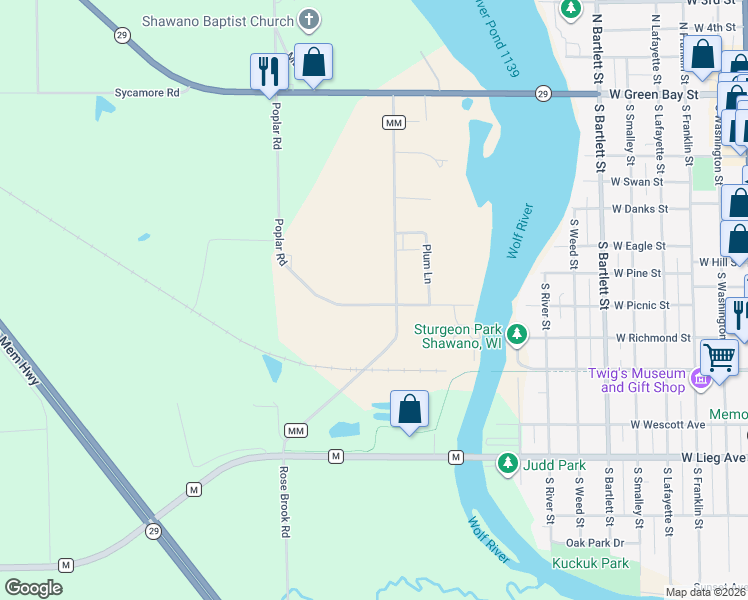 map of restaurants, bars, coffee shops, grocery stores, and more near W7628 Poplar Road in Shawano