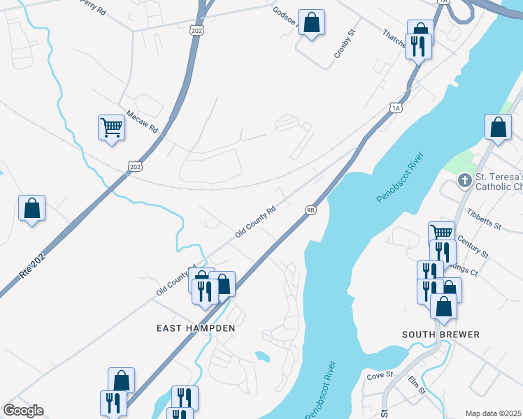 map of restaurants, bars, coffee shops, grocery stores, and more near 372 Old County Road in Hampden