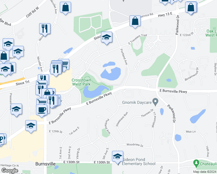 map of restaurants, bars, coffee shops, grocery stores, and more near in Burnsville