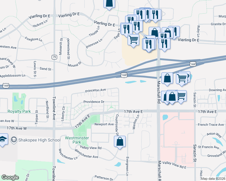 map of restaurants, bars, coffee shops, grocery stores, and more near 1028 Princeton Avenue in Shakopee