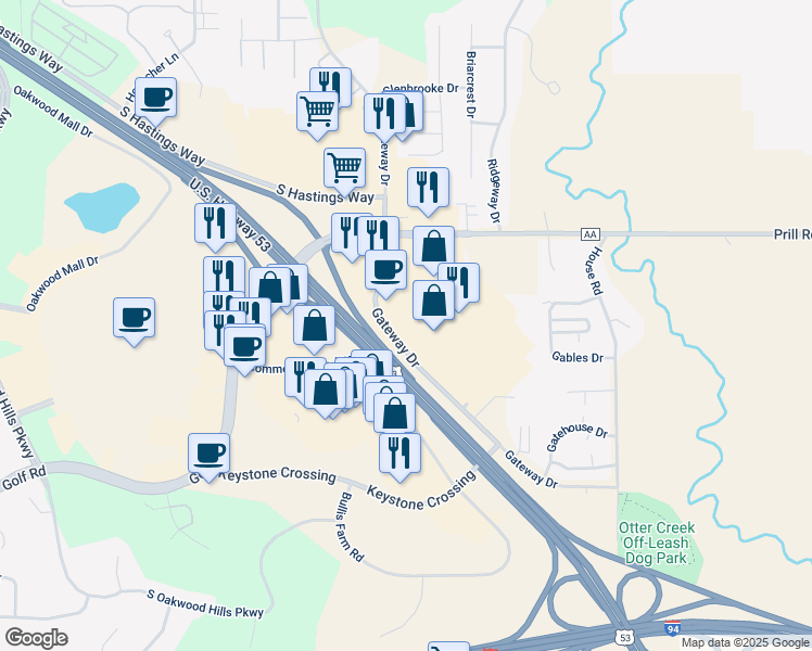 map of restaurants, bars, coffee shops, grocery stores, and more near 3826 Gateway Drive in Eau Claire