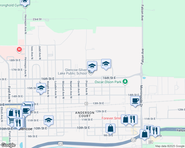 map of restaurants, bars, coffee shops, grocery stores, and more near 1621 16th Street East in Glencoe