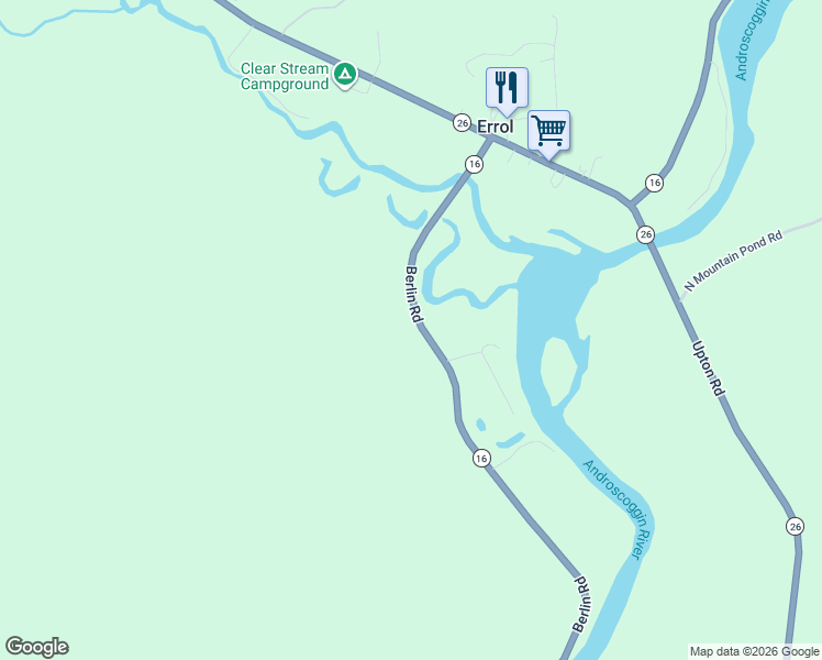 map of restaurants, bars, coffee shops, grocery stores, and more near 109-167 Berlin Road in Errol