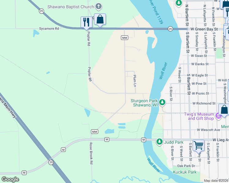 map of restaurants, bars, coffee shops, grocery stores, and more near W7628 Poplar Road in Shawano