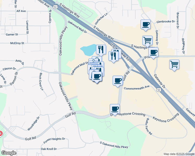 map of restaurants, bars, coffee shops, grocery stores, and more near 4800 Golf Road in Eau Claire