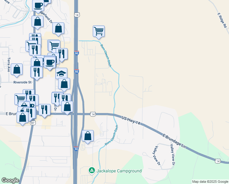 map of restaurants, bars, coffee shops, grocery stores, and more near 1629 Commercial Avenue in Sheridan