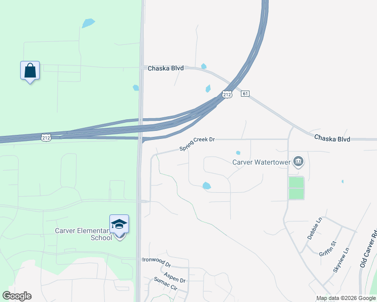 map of restaurants, bars, coffee shops, grocery stores, and more near 1889 Green Ash Drive in Carver