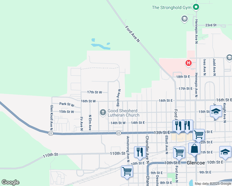 map of restaurants, bars, coffee shops, grocery stores, and more near 1701 Birch Avenue North in Glencoe