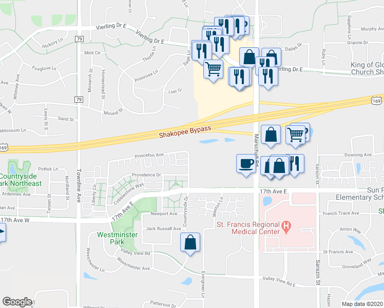 map of restaurants, bars, coffee shops, grocery stores, and more near 1511 Countryside Drive in Shakopee