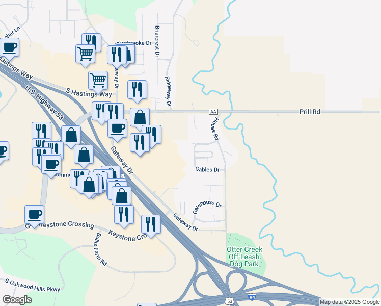 map of restaurants, bars, coffee shops, grocery stores, and more near 5624 Gables Drive in Eau Claire