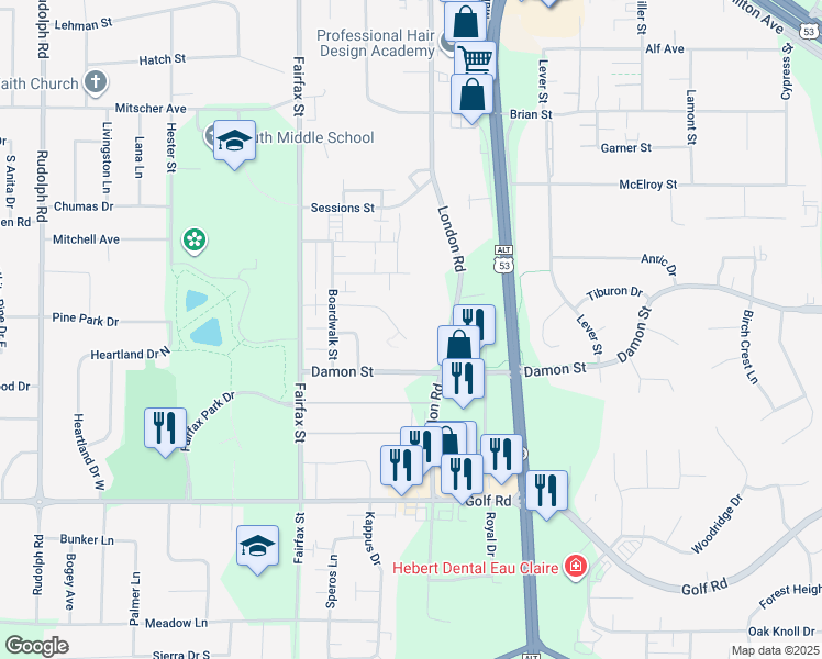 map of restaurants, bars, coffee shops, grocery stores, and more near 2524 Boardwalk Circle in Eau Claire